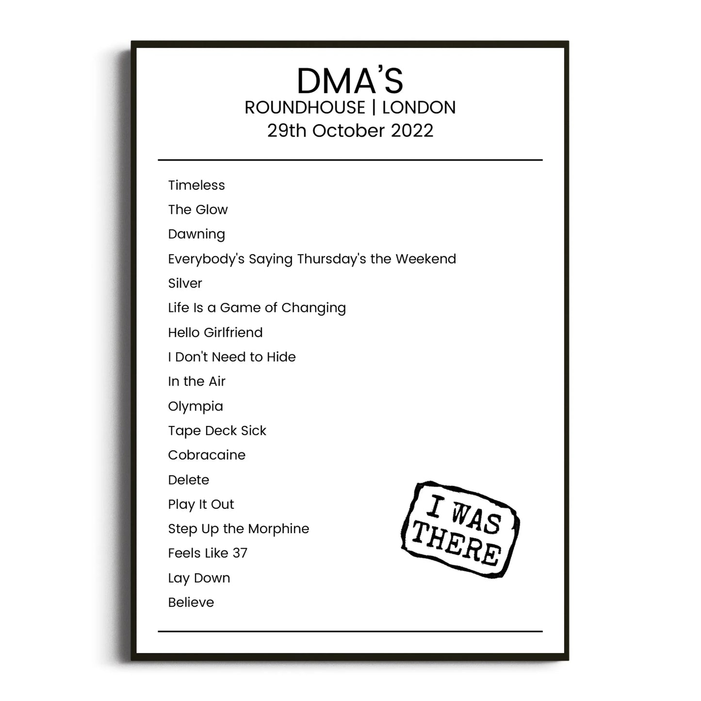 DMA’s London 29 October 2022 Setlist Poster