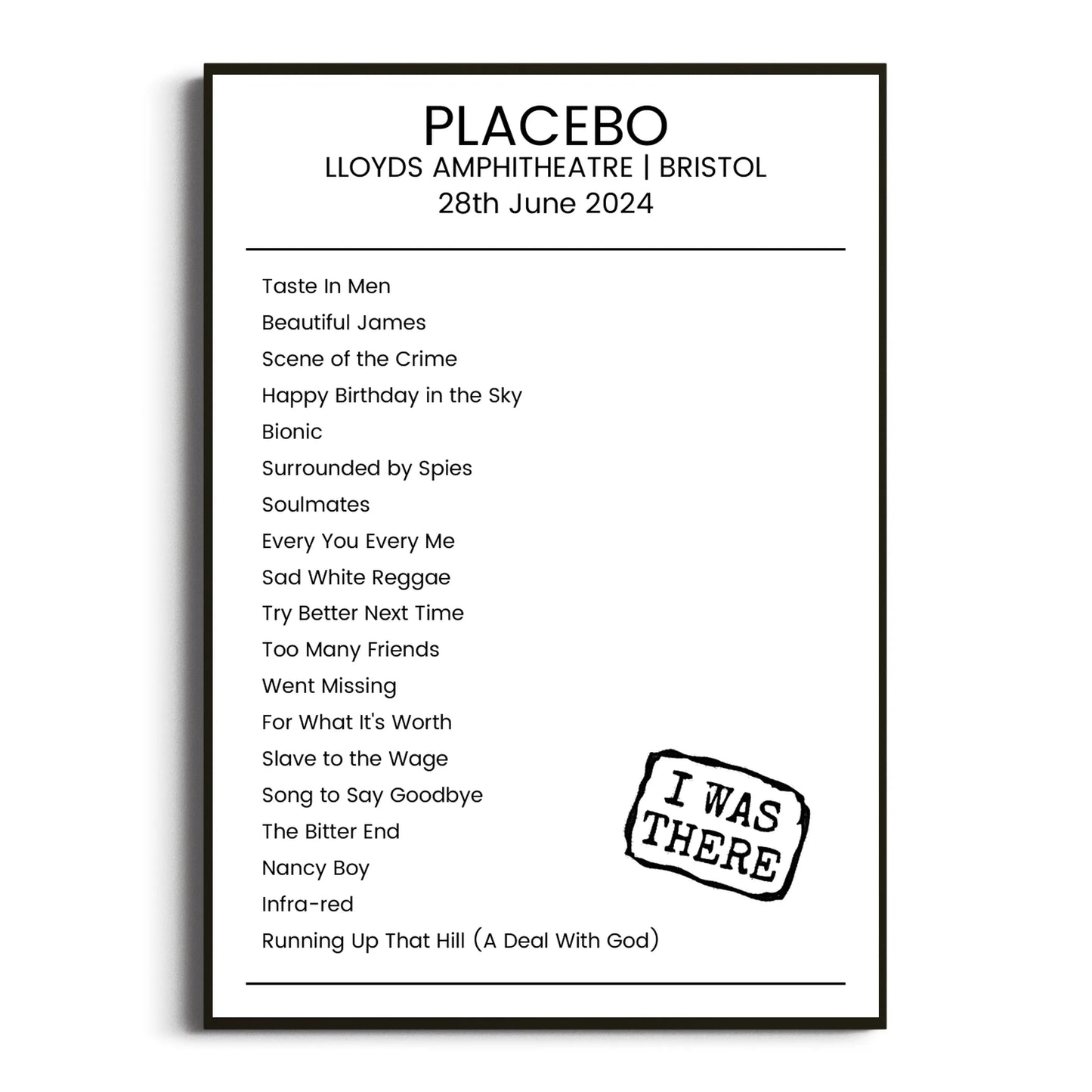 Placebo Bristol 28 June 2024 Setlist Poster