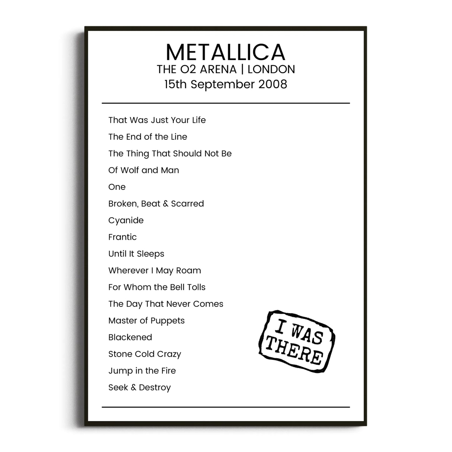 Metallica London 15 September 2008 Setlist Poster