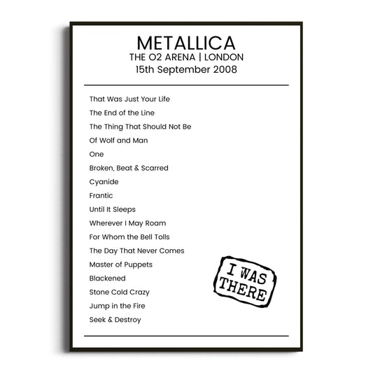 Metallica London 15 September 2008 Setlist Poster