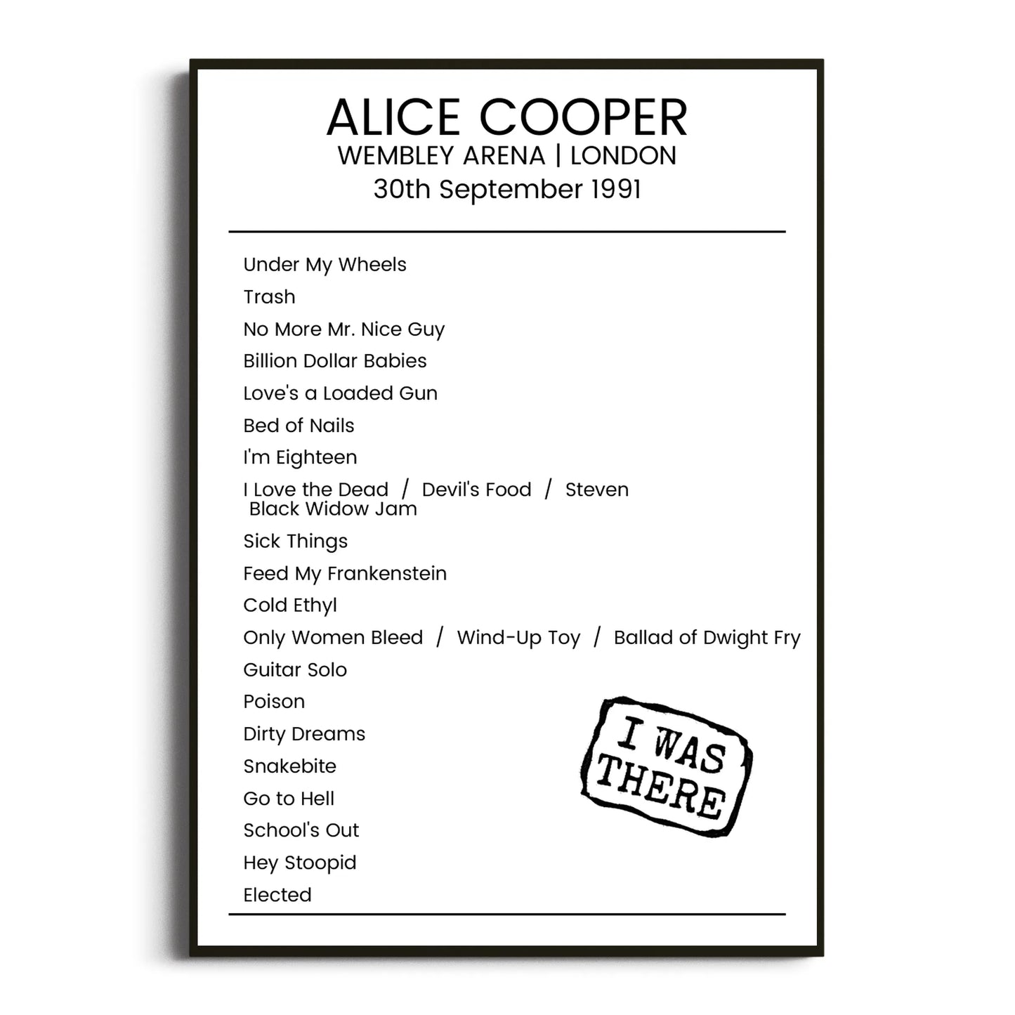 Alice Cooper London 30 September 1991 Setlist Poster