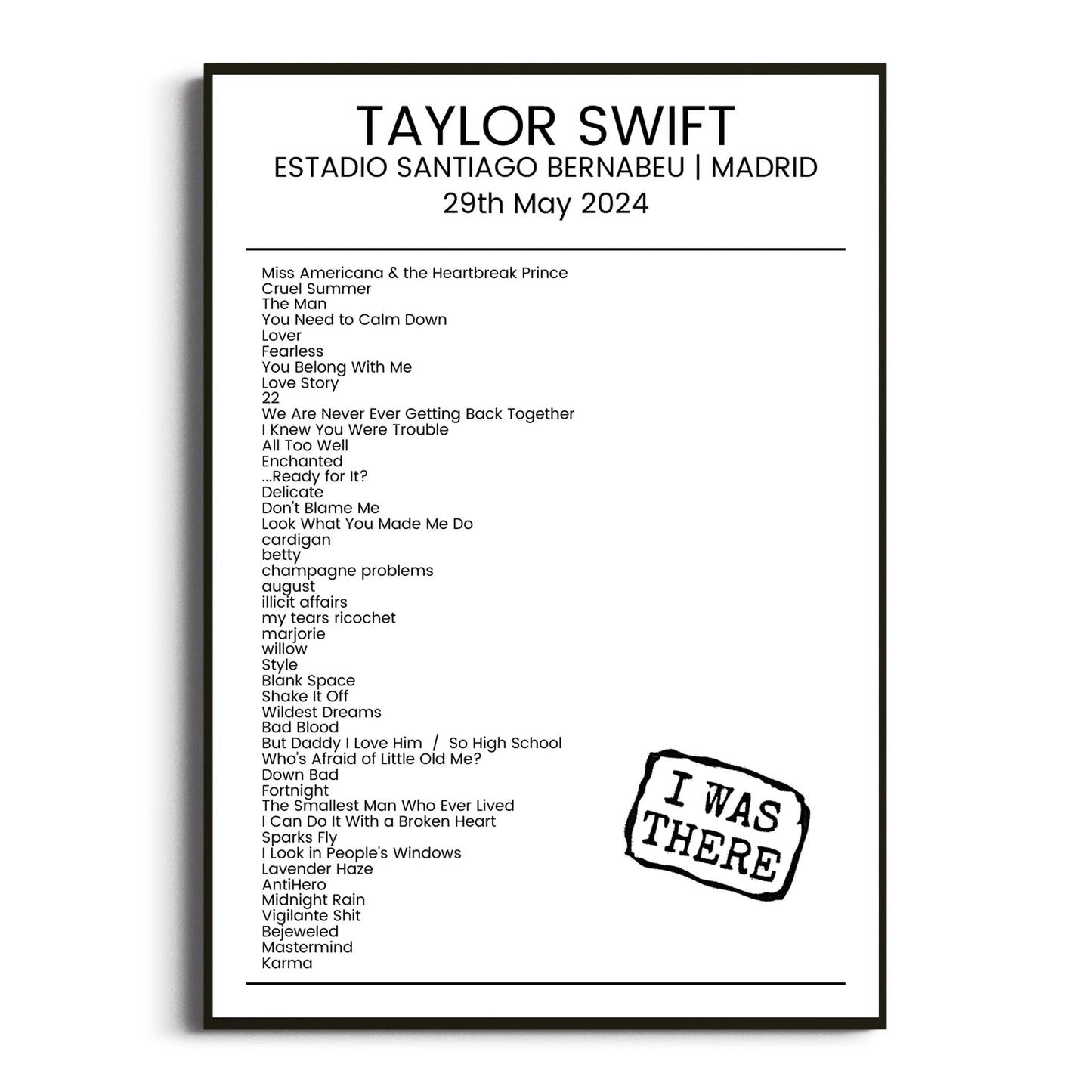 Taylor Swift Madrid 29 May 2024 Setlist Poster