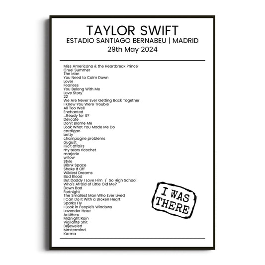 Taylor Swift Madrid 29 May 2024 Setlist Poster