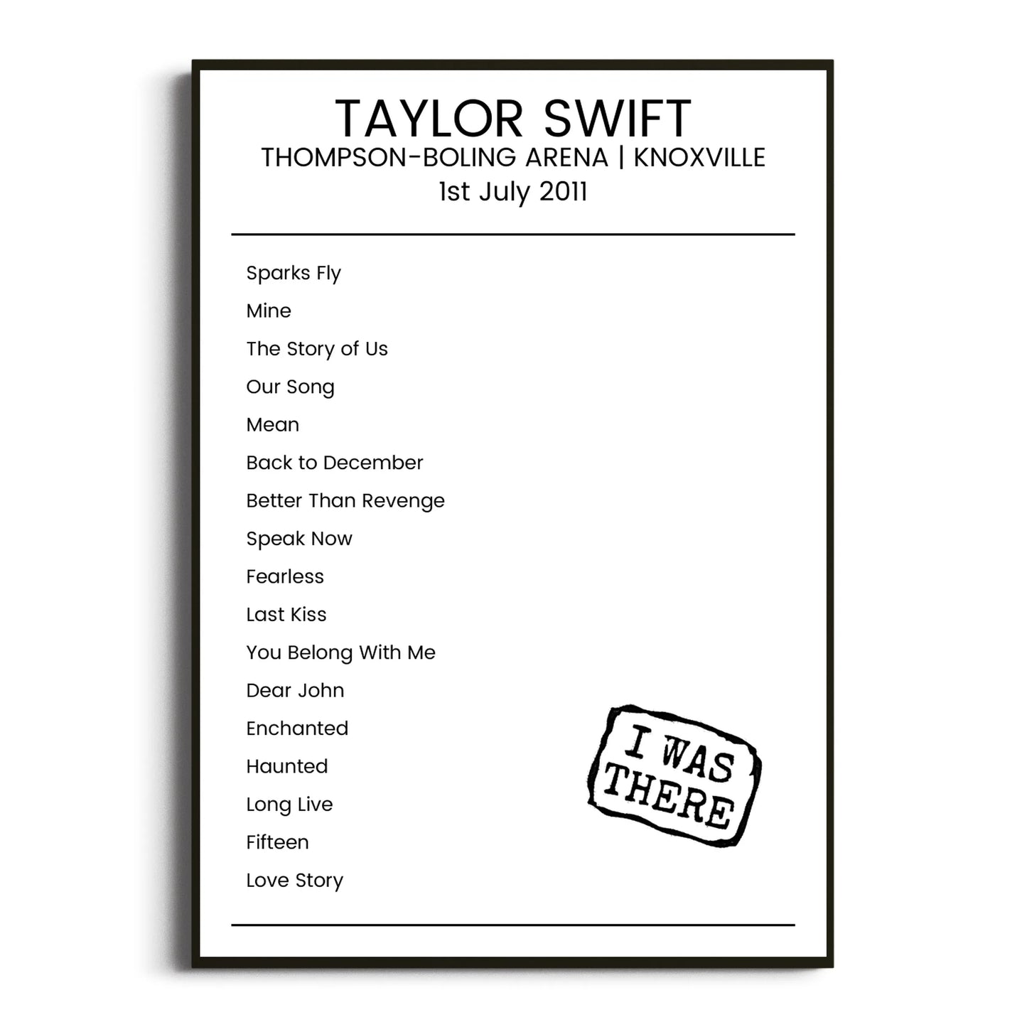 Taylor Swift Knoxville 01 July 2011 Setlist Poster