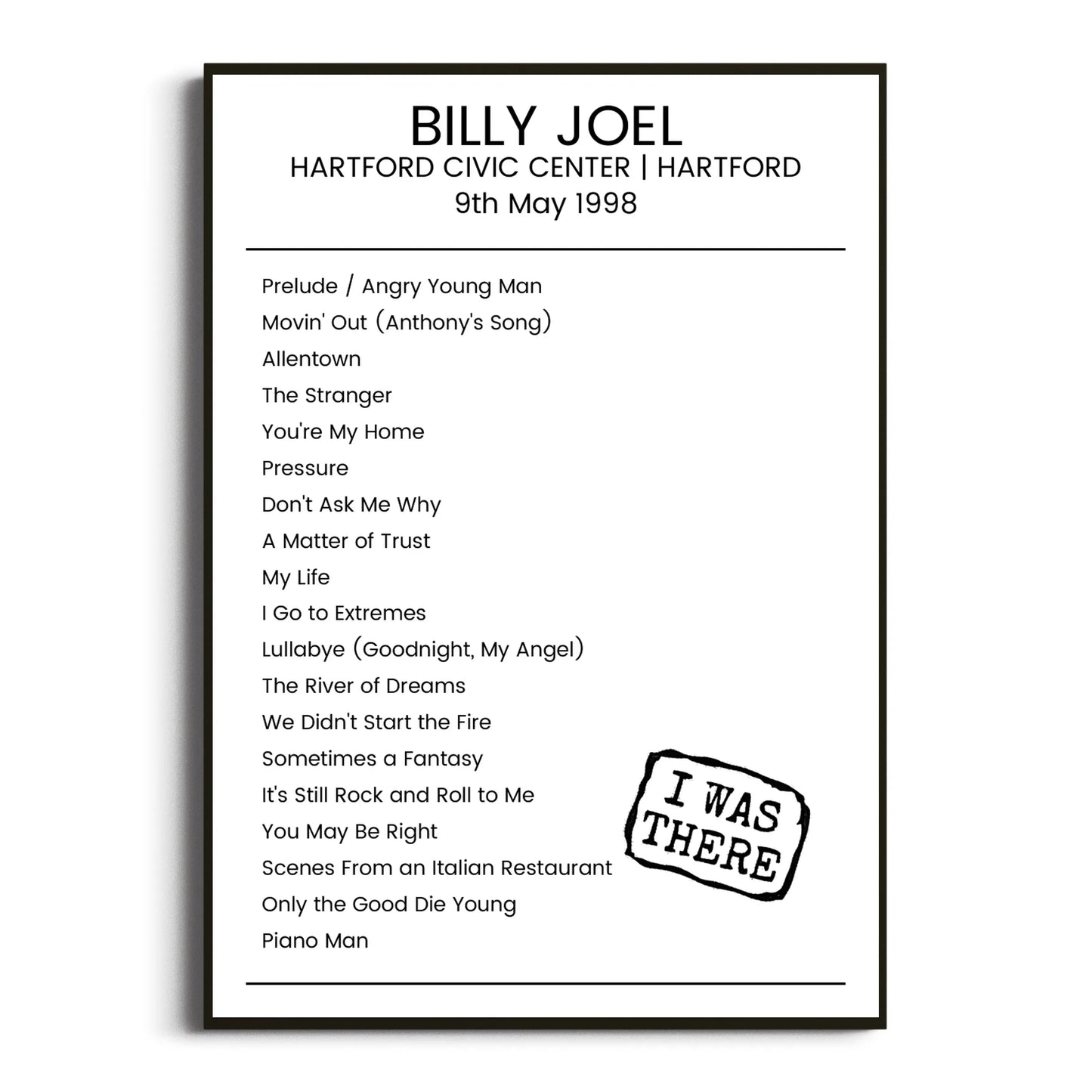 Billy Joel Hartford 09 May 1998 Setlist Poster