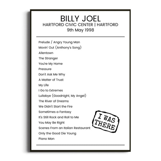 Billy Joel Hartford 09 May 1998 Setlist Poster