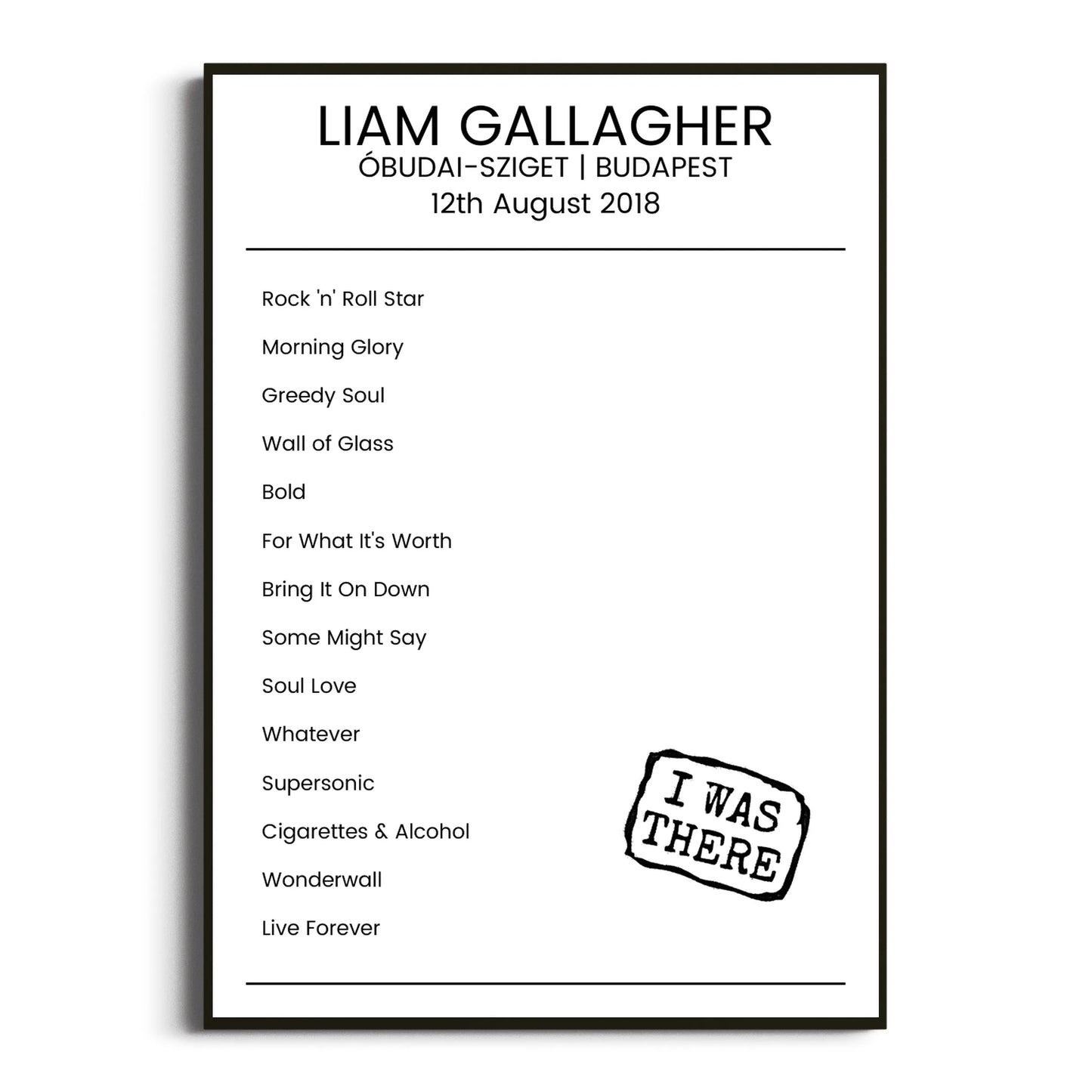 Liam Gallagher Budapest 12 August 2018 Setlist Poster