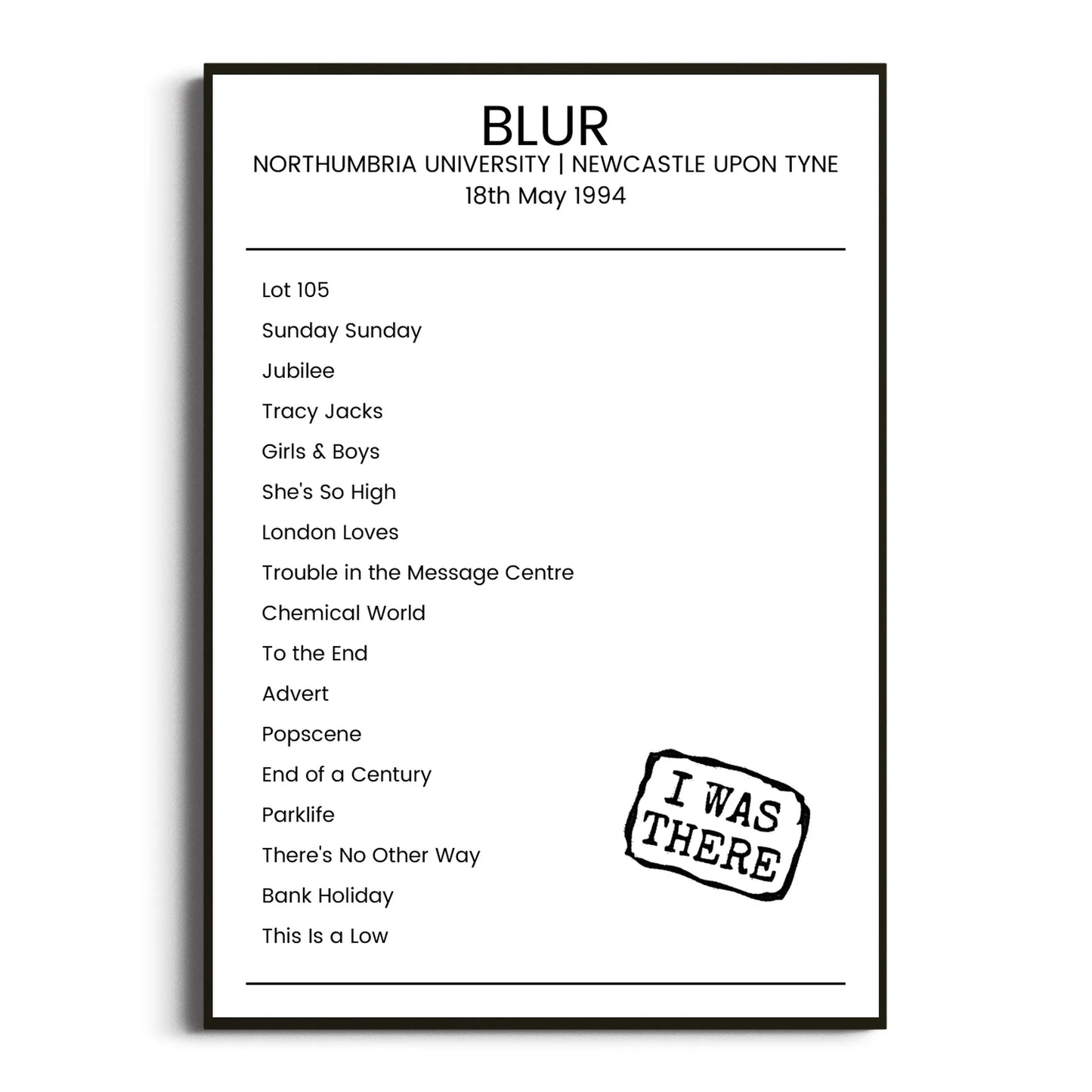 Blur Newcastle upon Tyne 18 May 1994 Setlist Poster