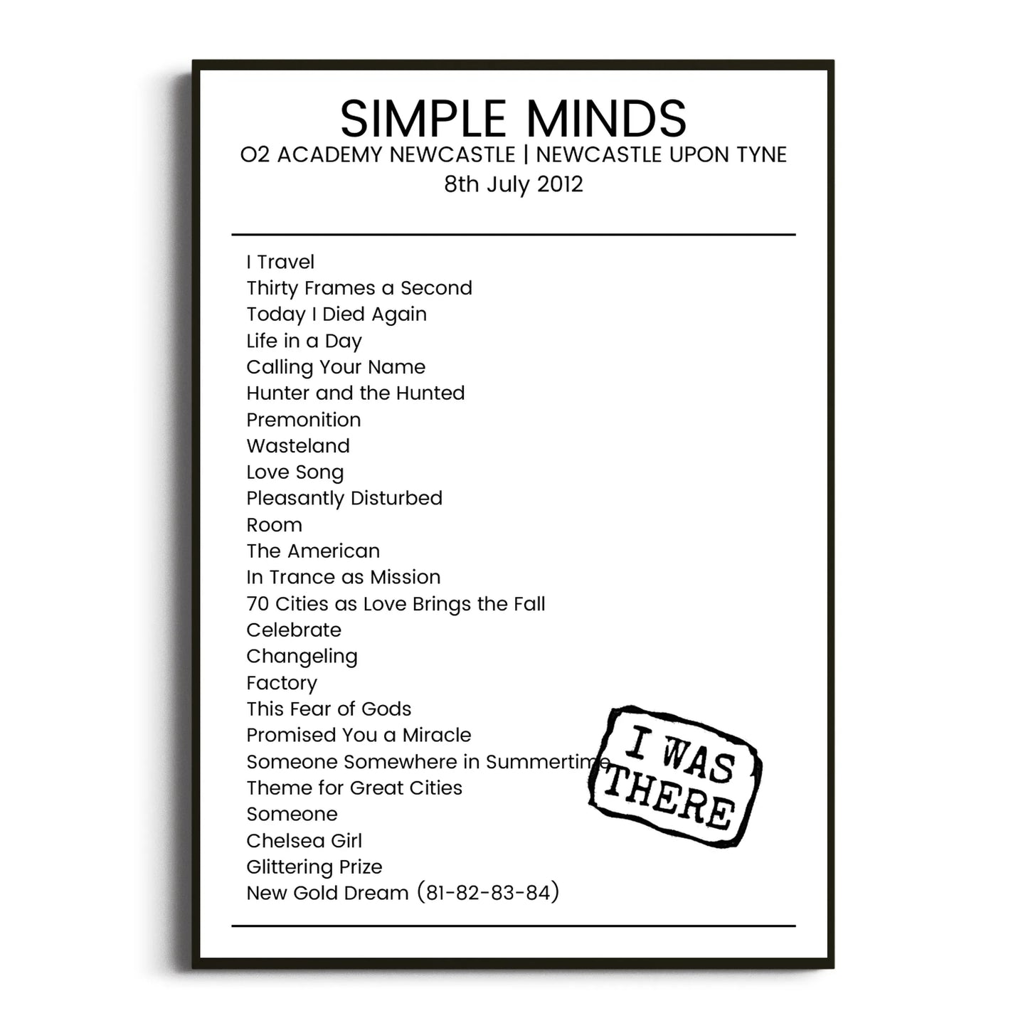 Simple Minds Newcastle upon Tyne 08 July 2012 Setlist Poster