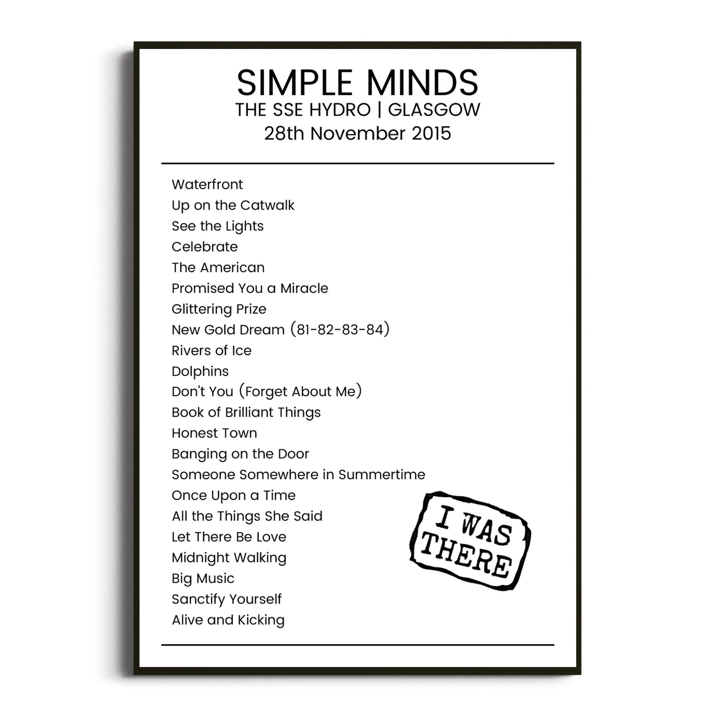 Simple Minds Glasgow 28 November 2015 Setlist Poster