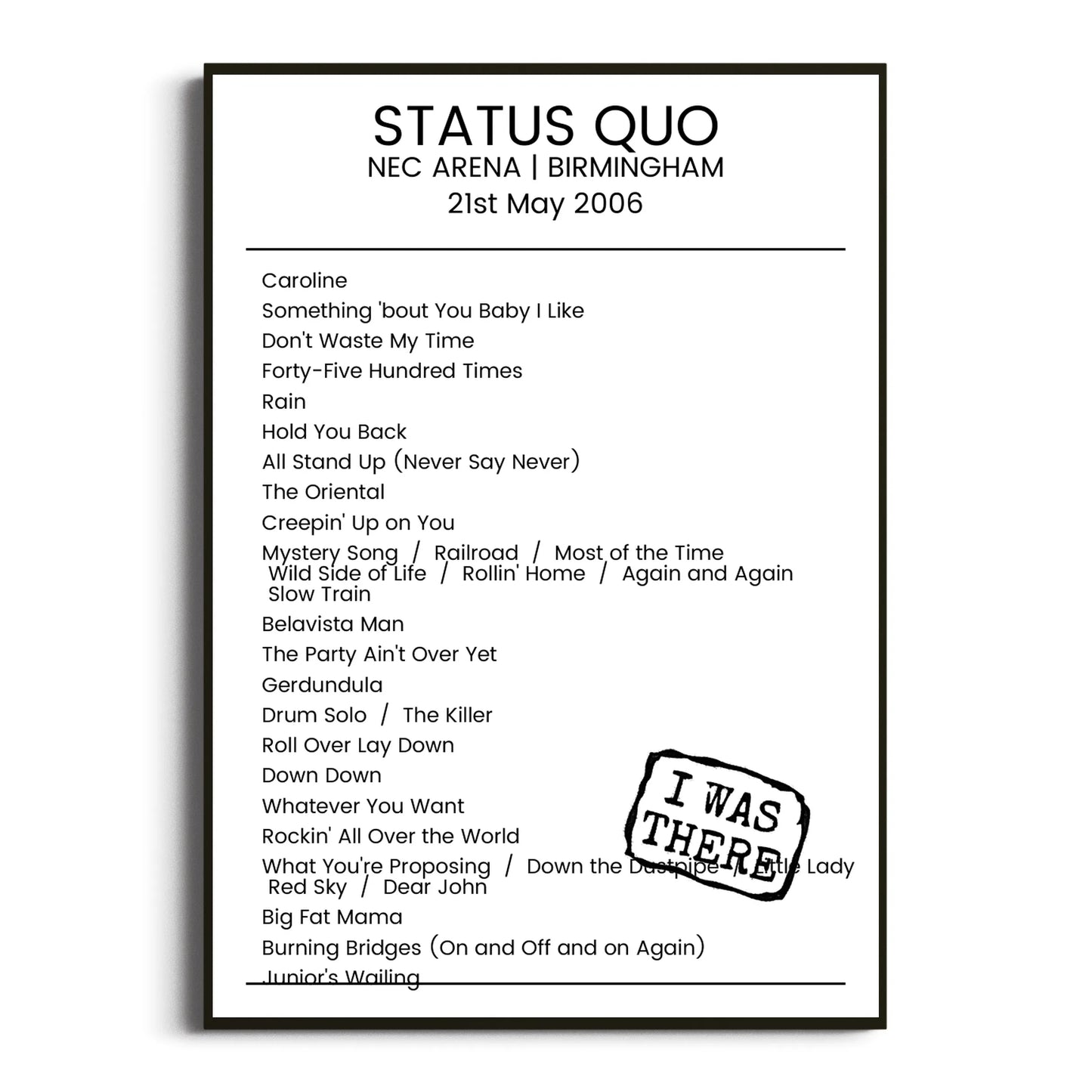 Status Quo Birmingham 21 May 2006 Setlist Poster