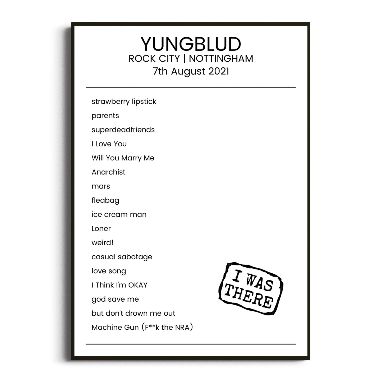 YUNGBLUD Nottingham 07 August 2021 Setlist Poster