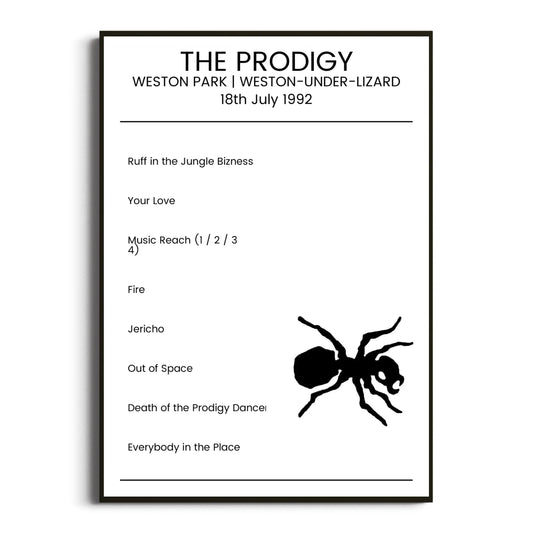 The Prodigy Weston-under-Lizard 18 July 1992 Setlist Poster