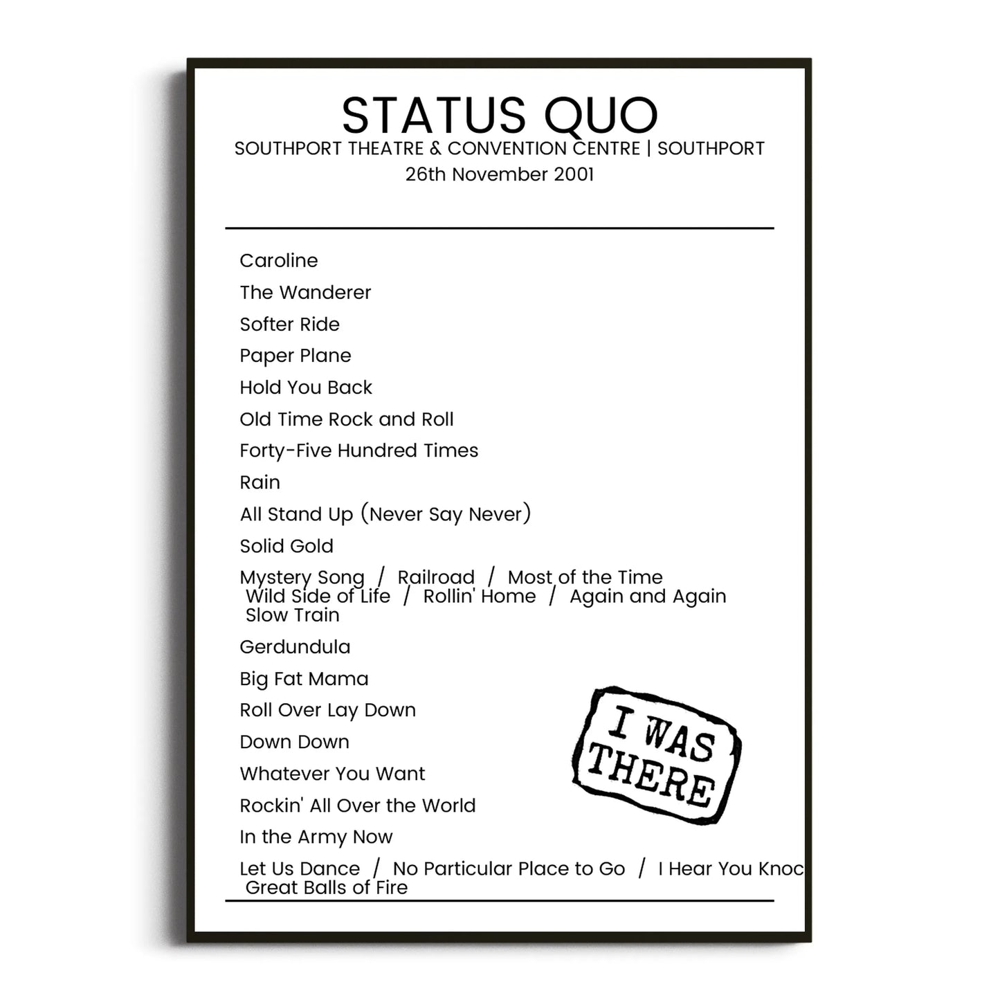 Status Quo Southport 26 November 2001 Setlist Poster