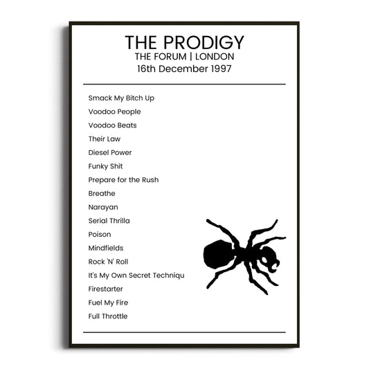 The Prodigy London 16 December 1997 Setlist Poster