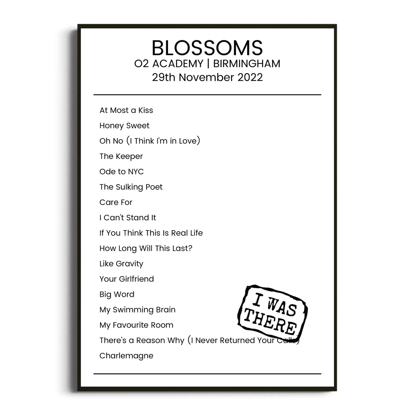 Blossoms Birmingham 29 November 2022 Setlist Poster