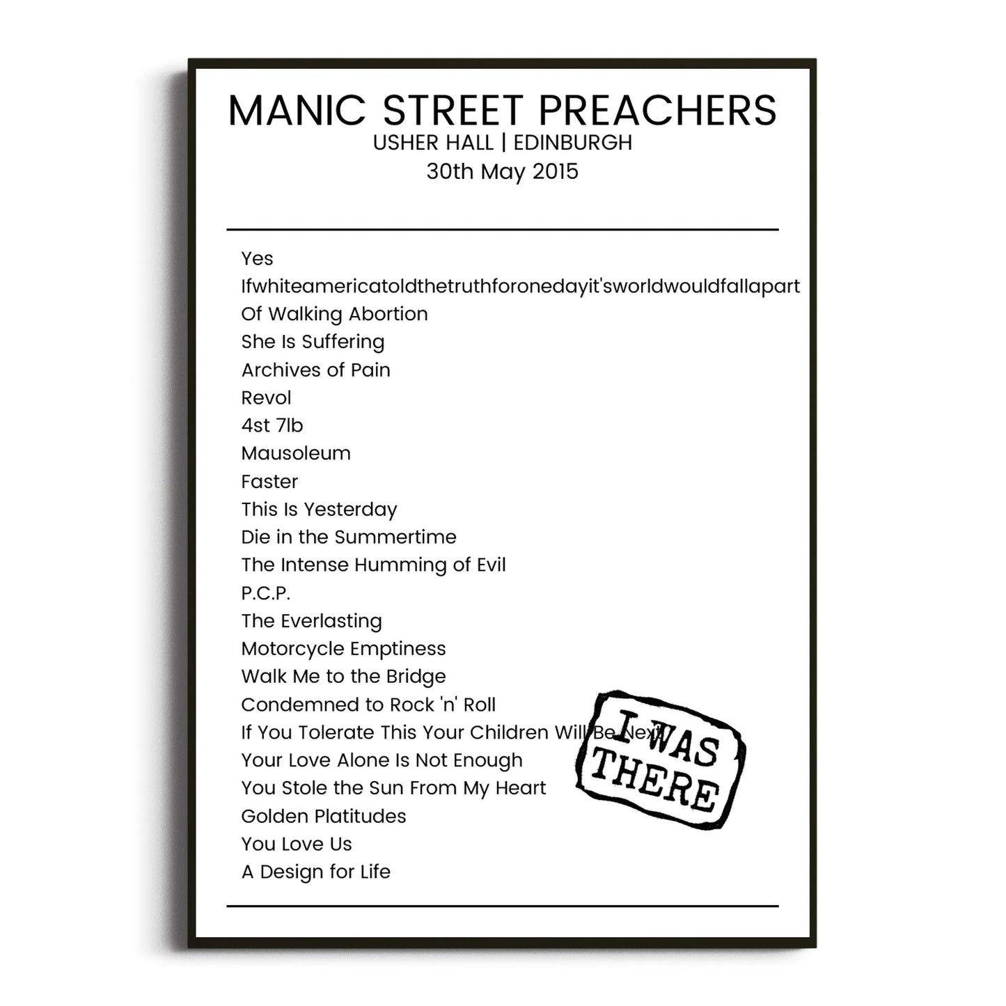 Manic Street Preachers Edinburgh 30 May 2015 Setlist Poster