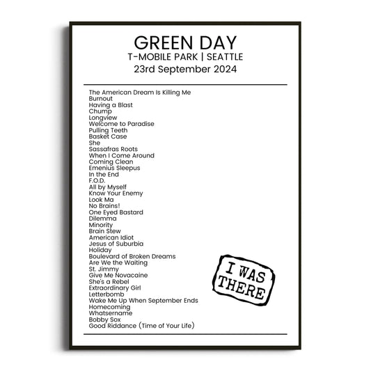 Green Day Seattle 23 September 2024 Setlist Poster