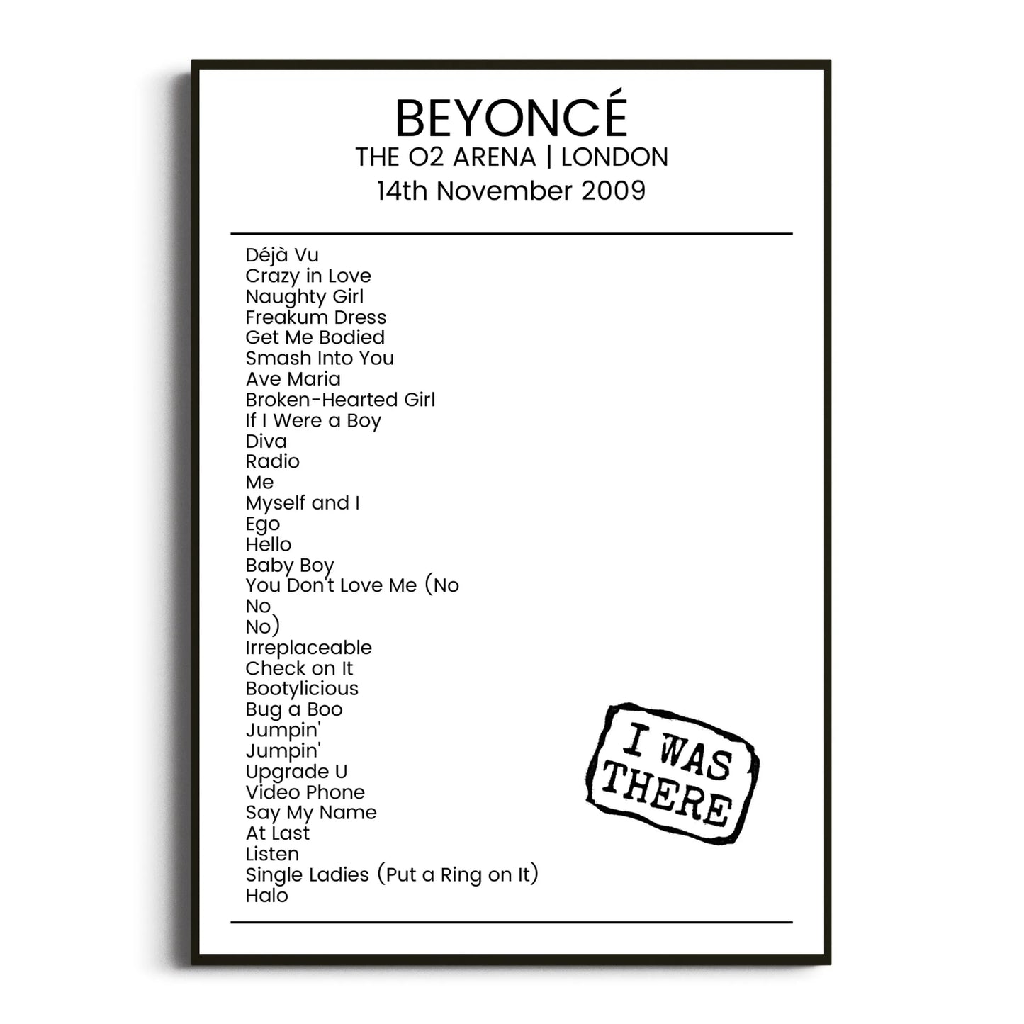 Beyoncé London 14 November 2009 Setlist Poster