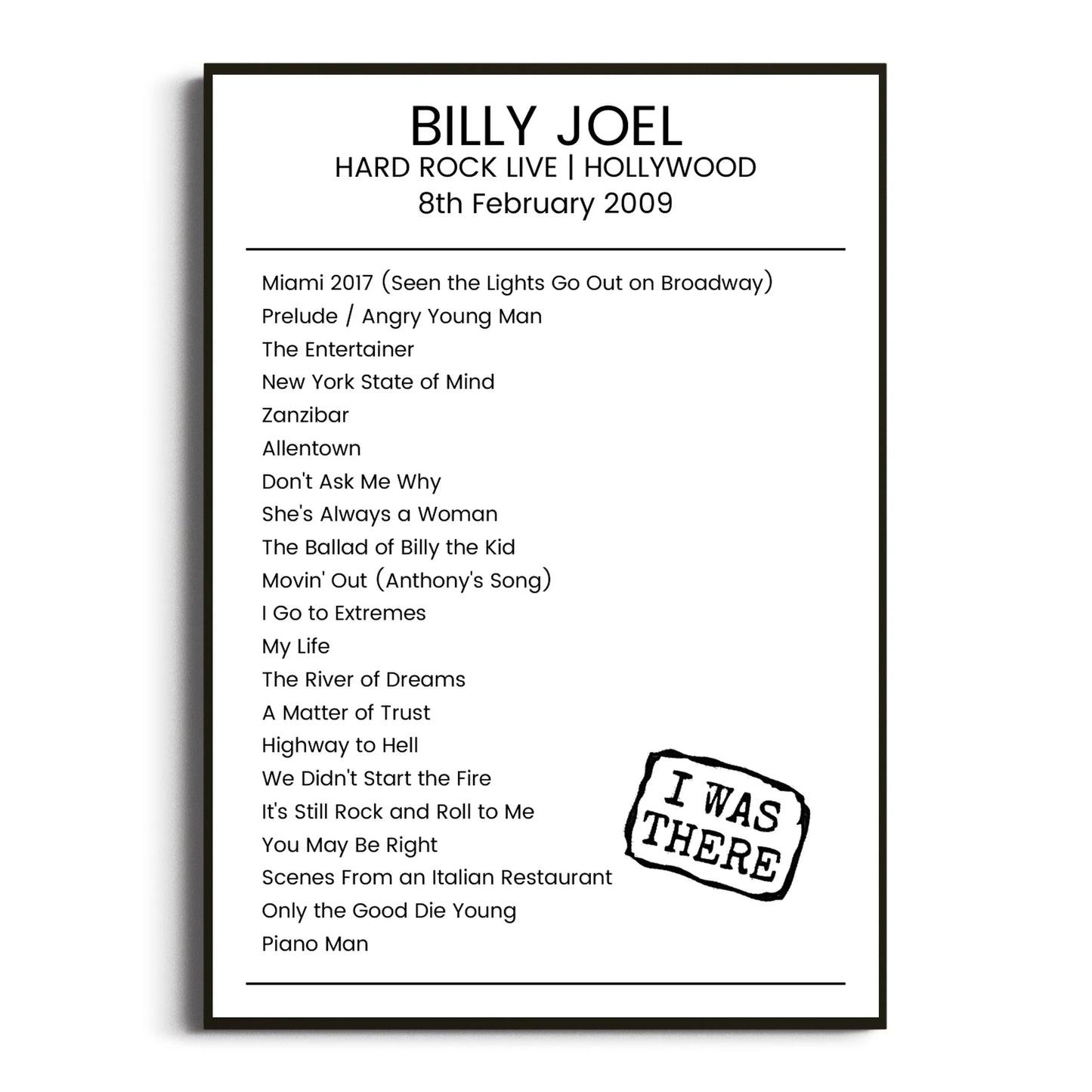 Billy Joel Hollywood 08 February 2009 Setlist Poster