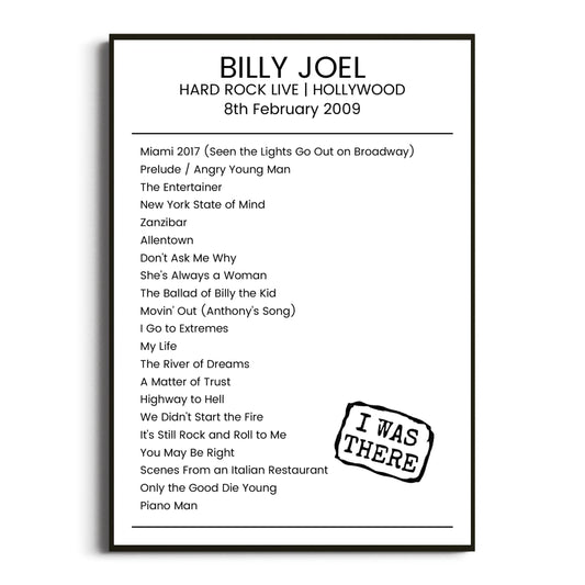 Billy Joel Hollywood 08 February 2009 Setlist Poster