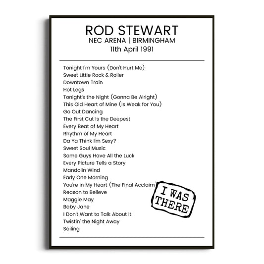 Rod Stewart Birmingham 11 April 1991 Setlist Poster