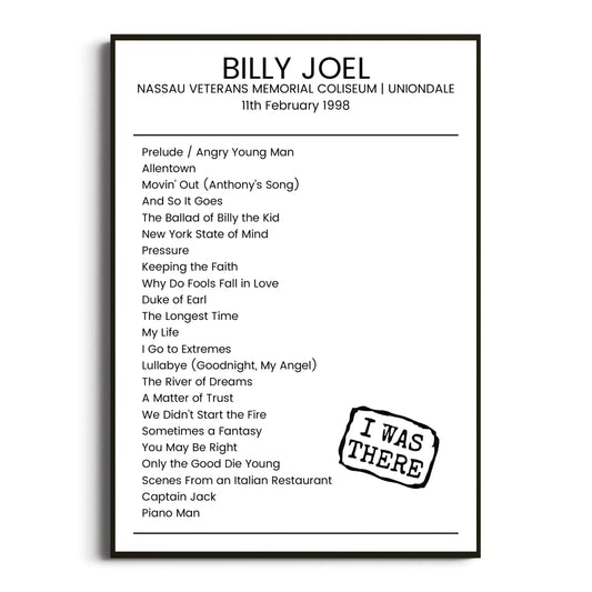 Billy Joel Uniondale 11 February 1998 Setlist Poster