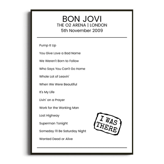 Bon Jovi London 05 November 2009 Setlist Poster