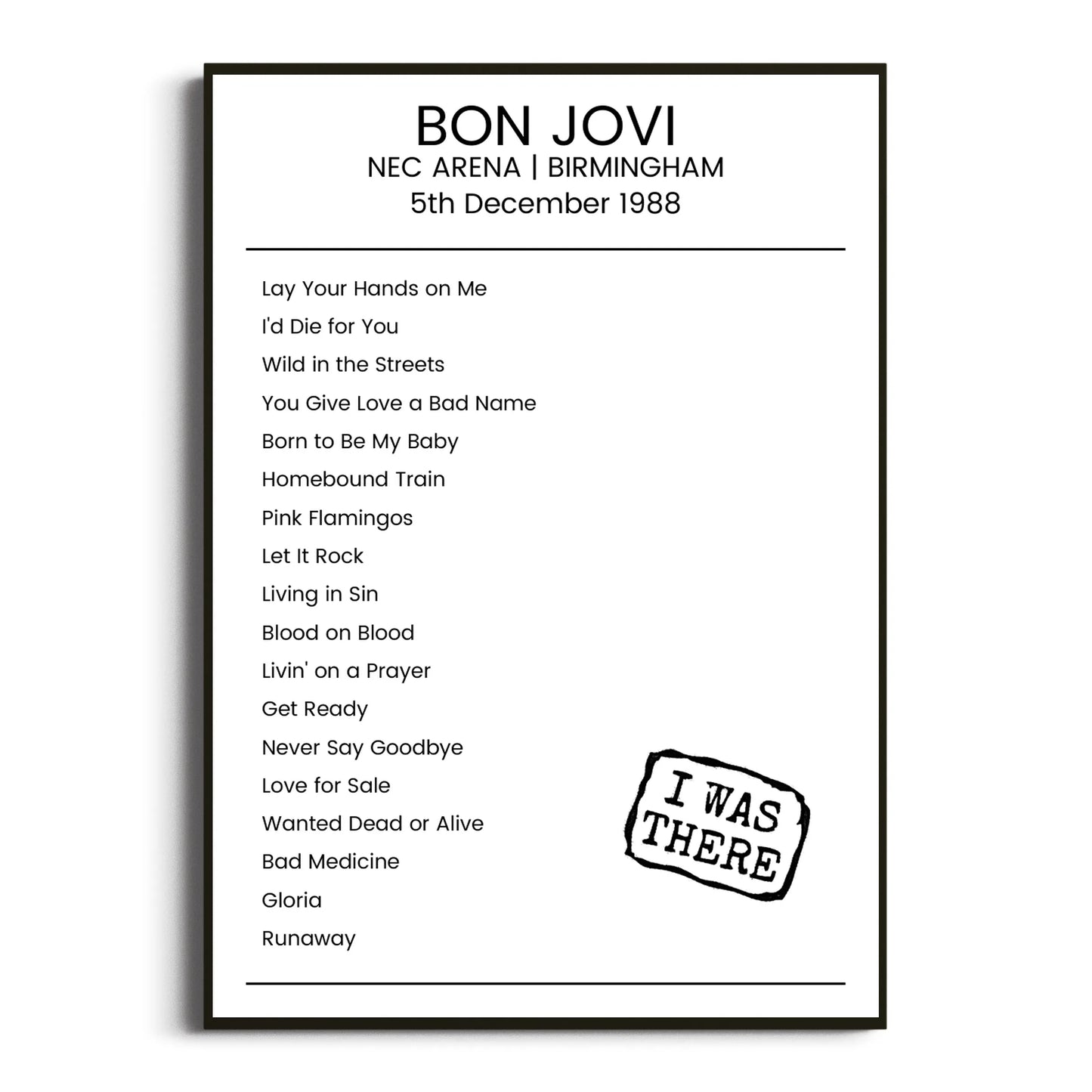 Bon Jovi Birmingham 05 December 1988 Setlist Poster