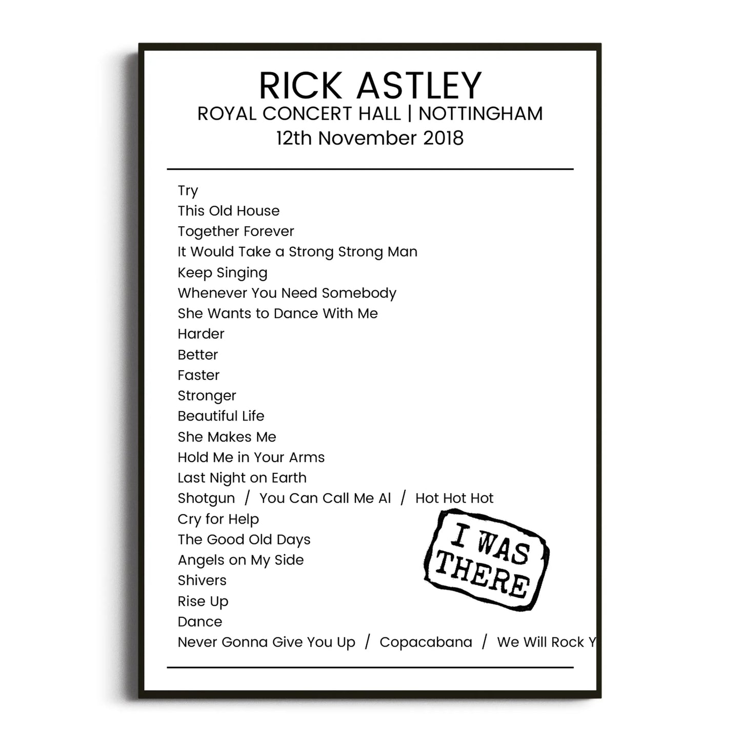 Rick Astley Nottingham 12 November 2018 Setlist Poster