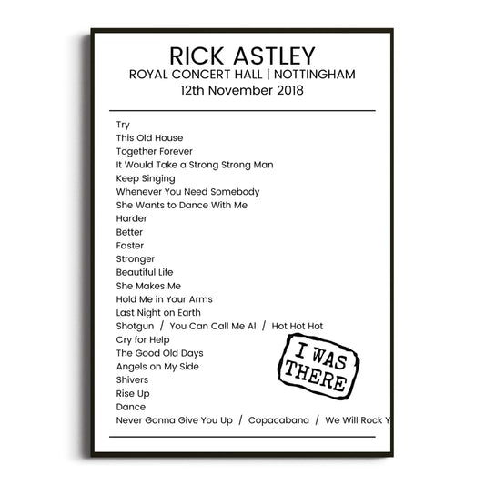 Rick Astley Nottingham 12 November 2018 Setlist Poster