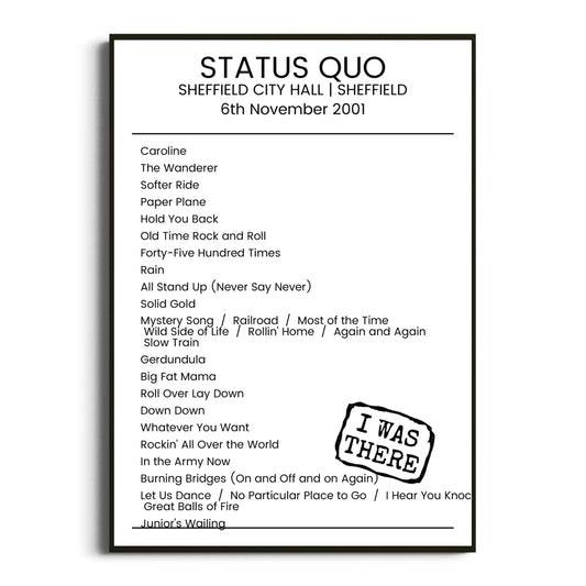 Status Quo Sheffield 06 November 2001 Setlist Poster