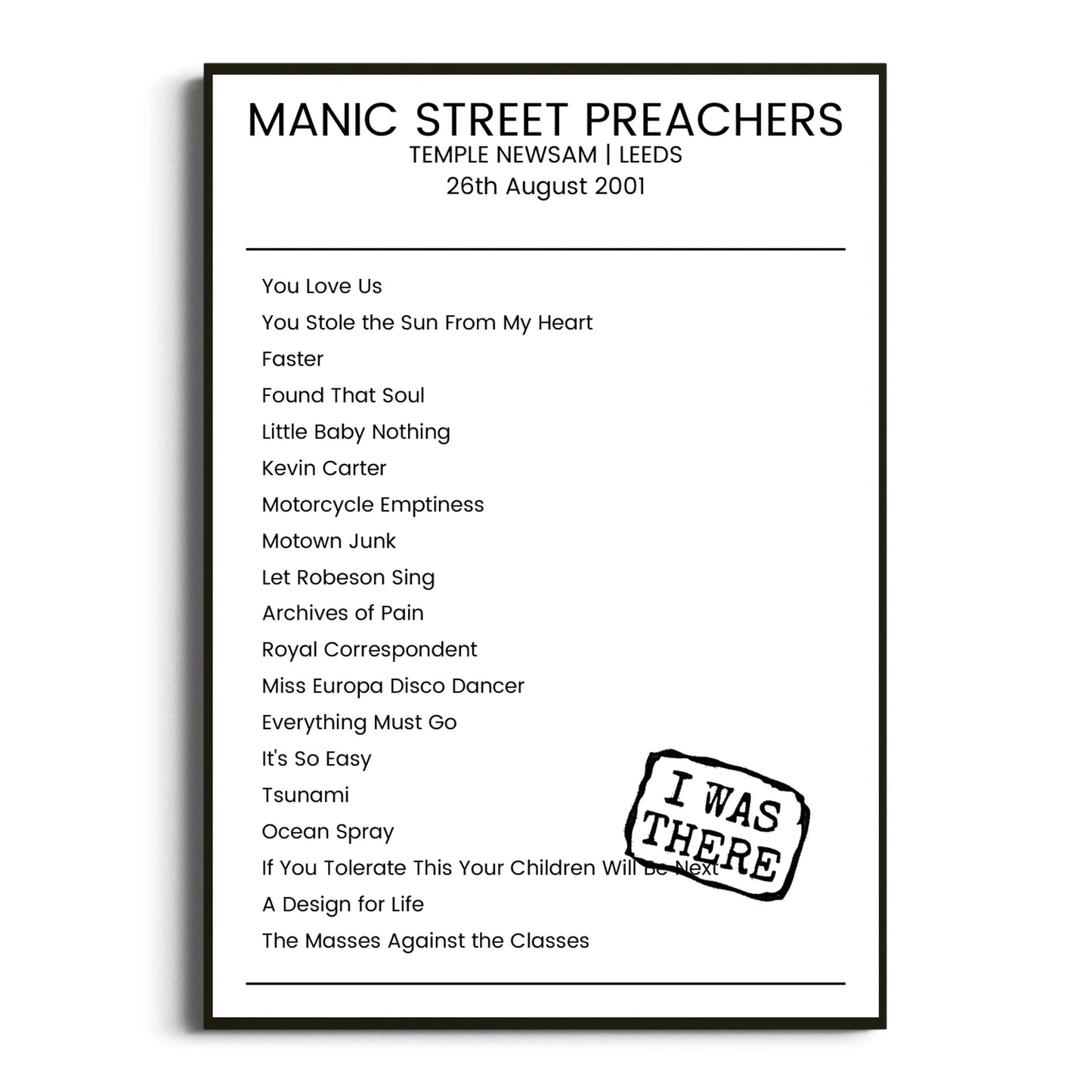 Manic Street Preachers Leeds 26 August 2001 Setlist Poster