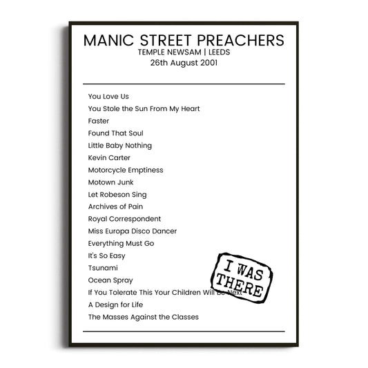 Manic Street Preachers Leeds 26 August 2001 Setlist Poster