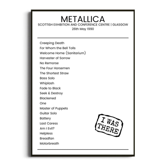 Metallica Glasgow 26 May 1990 Setlist Poster