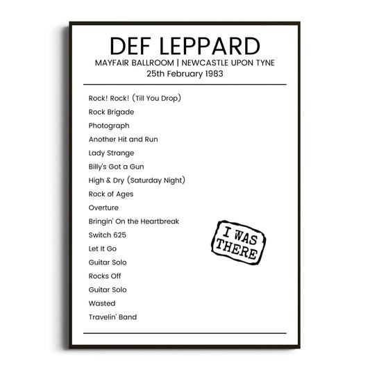 Def Leppard Newcastle upon Tyne 25 February 1983 Setlist Poster