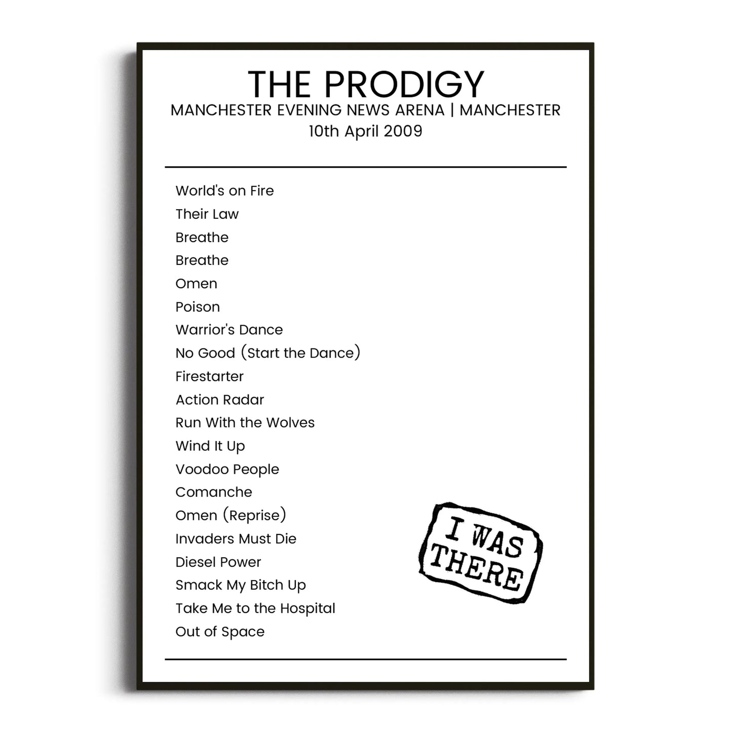 The Prodigy Manchester 10 April 2009 Setlist Poster