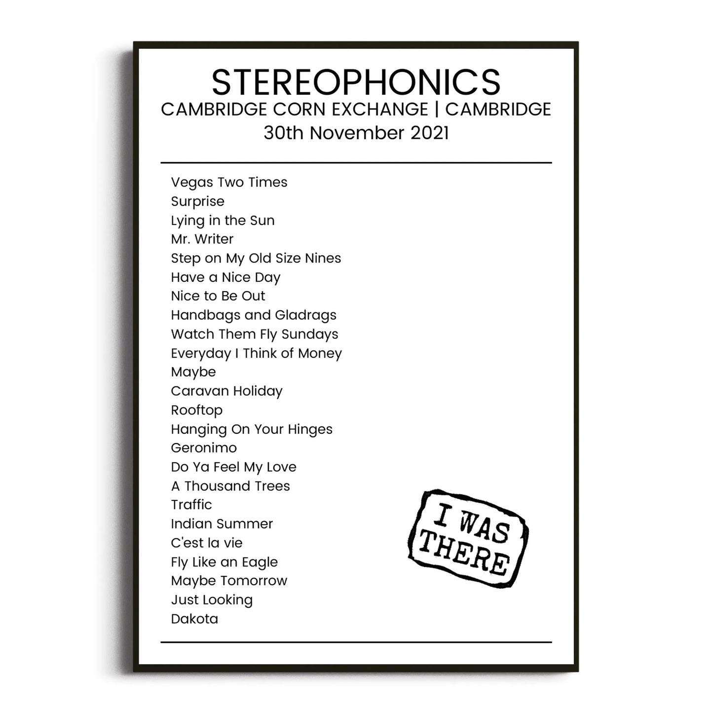 Stereophonics Cambridge 30 November 2021 Setlist Poster