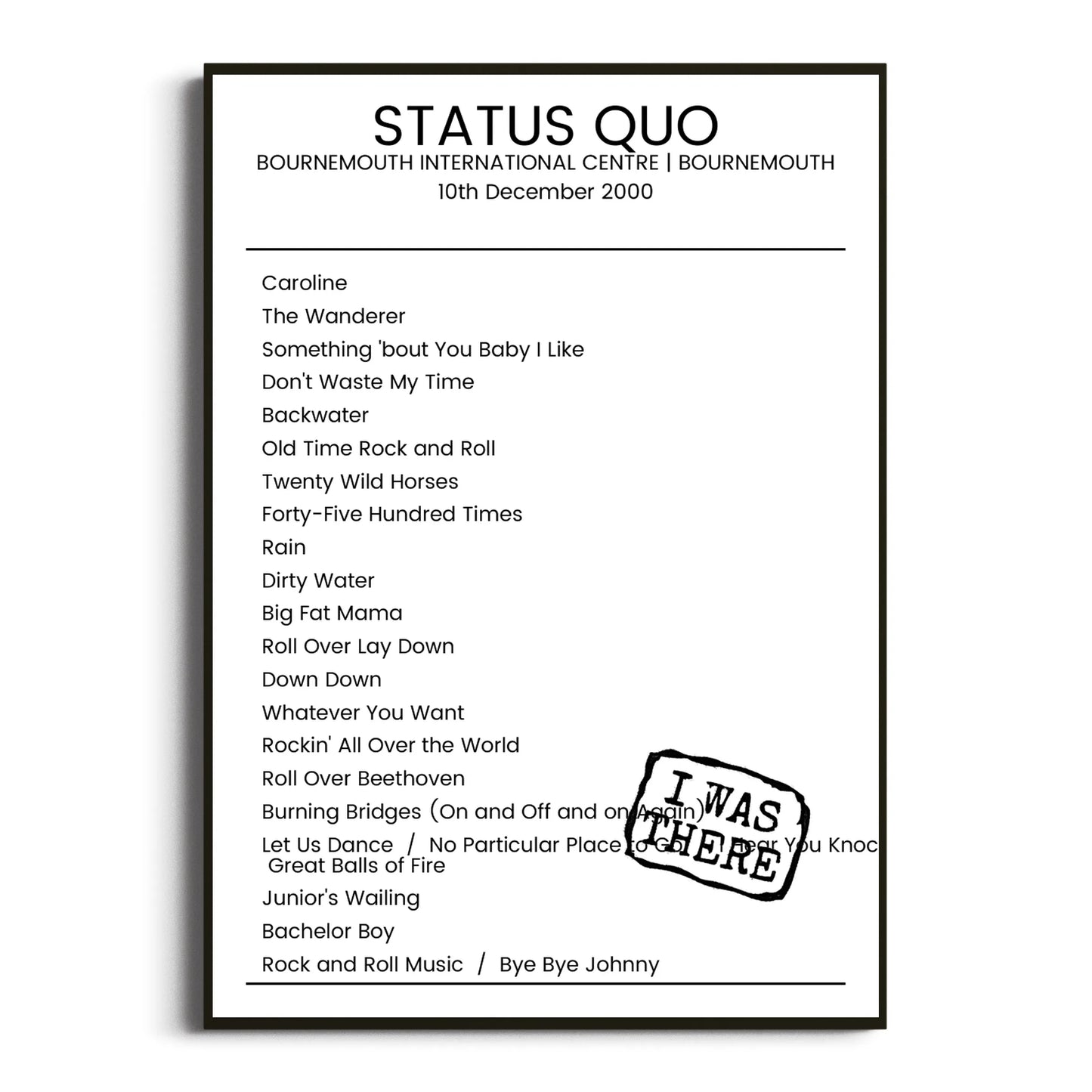 Status Quo Bournemouth 10 December 2000 Setlist Poster