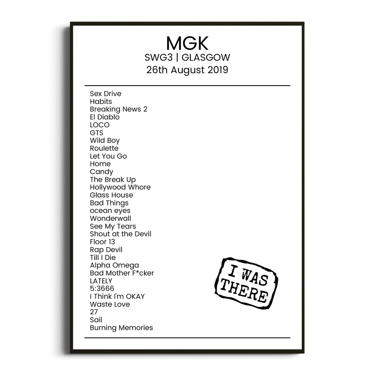 mgk Glasgow 26 August 2019 Setlist Poster