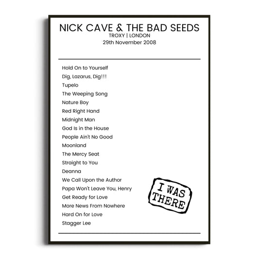 Nick Cave & the Bad Seeds London 29 November 2008 Setlist Poster