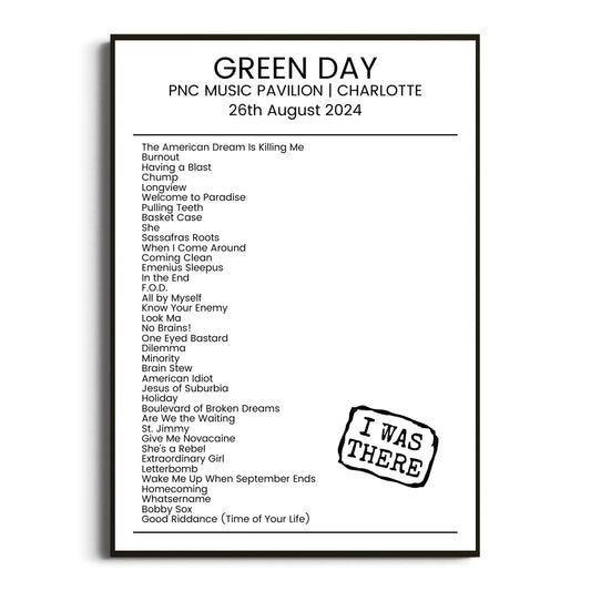 Green Day Charlotte 26 August 2024 Setlist Poster