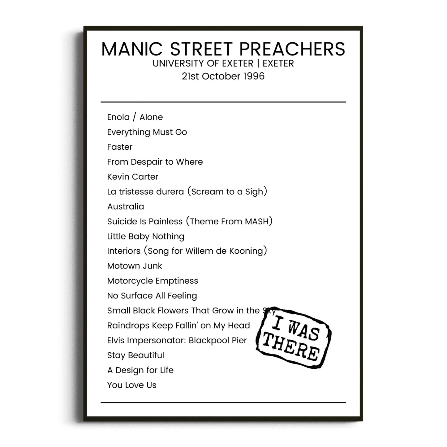 Manic Street Preachers Exeter 21 October 1996 Setlist Poster