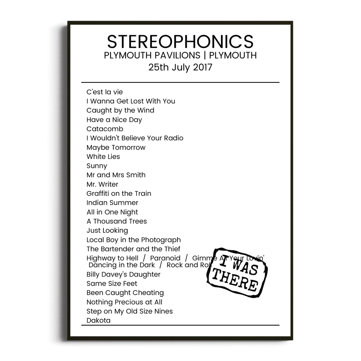 Stereophonics Plymouth 25 July 2017 Setlist Poster