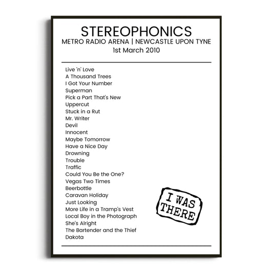 Stereophonics Newcastle upon Tyne 01 March 2010 Setlist Poster