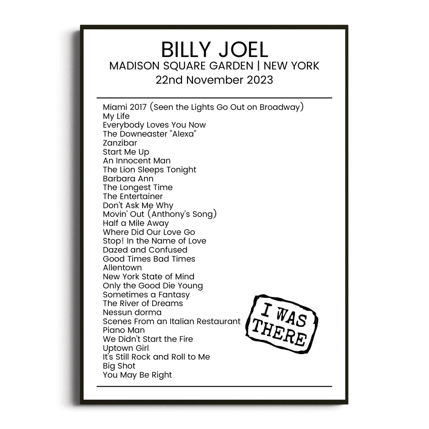 Billy Joel New York 22 November 2023 Setlist Poster