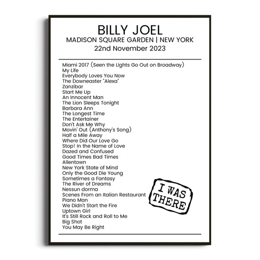 Billy Joel New York 22 November 2023 Setlist Poster