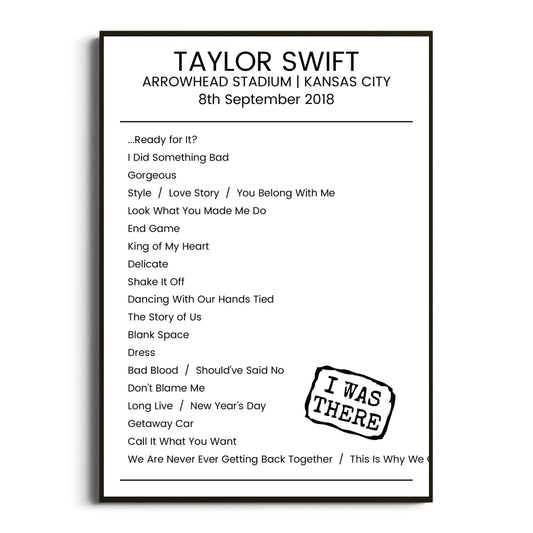 Taylor Swift Kansas City 08 September 2018 Setlist Poster