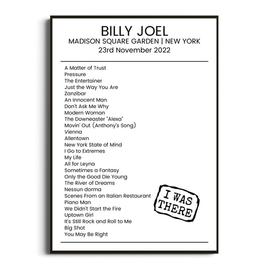 Billy Joel New York 23 November 2022 Setlist Poster