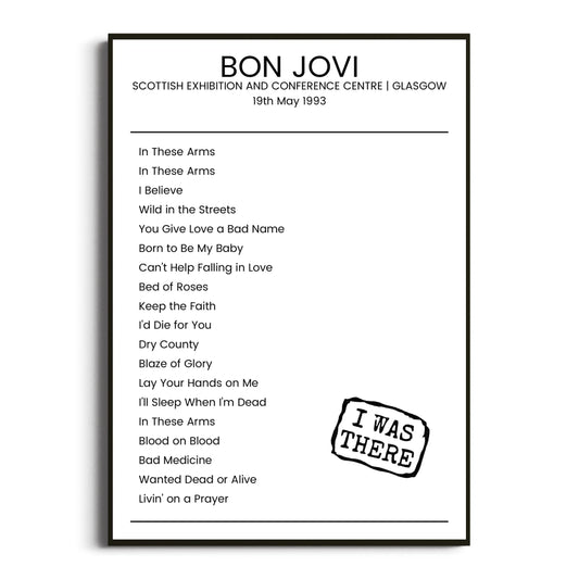 Bon Jovi Glasgow 19 May 1993 Setlist Poster